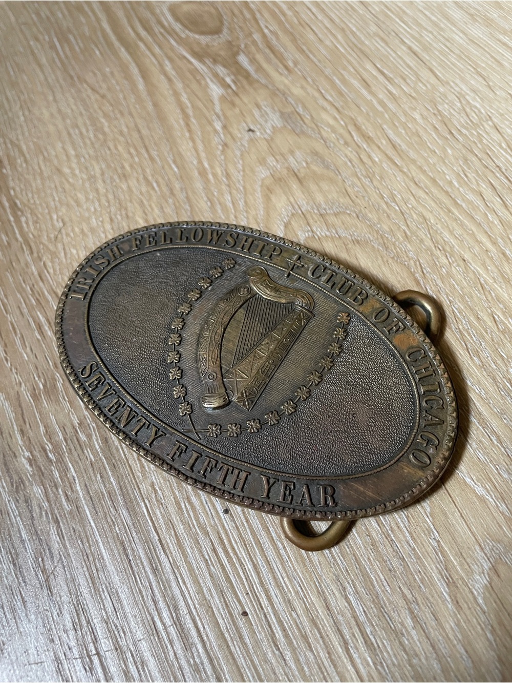 Vintage Medal Belt buckle Irish Fellowship Club of Chicago 75th year.